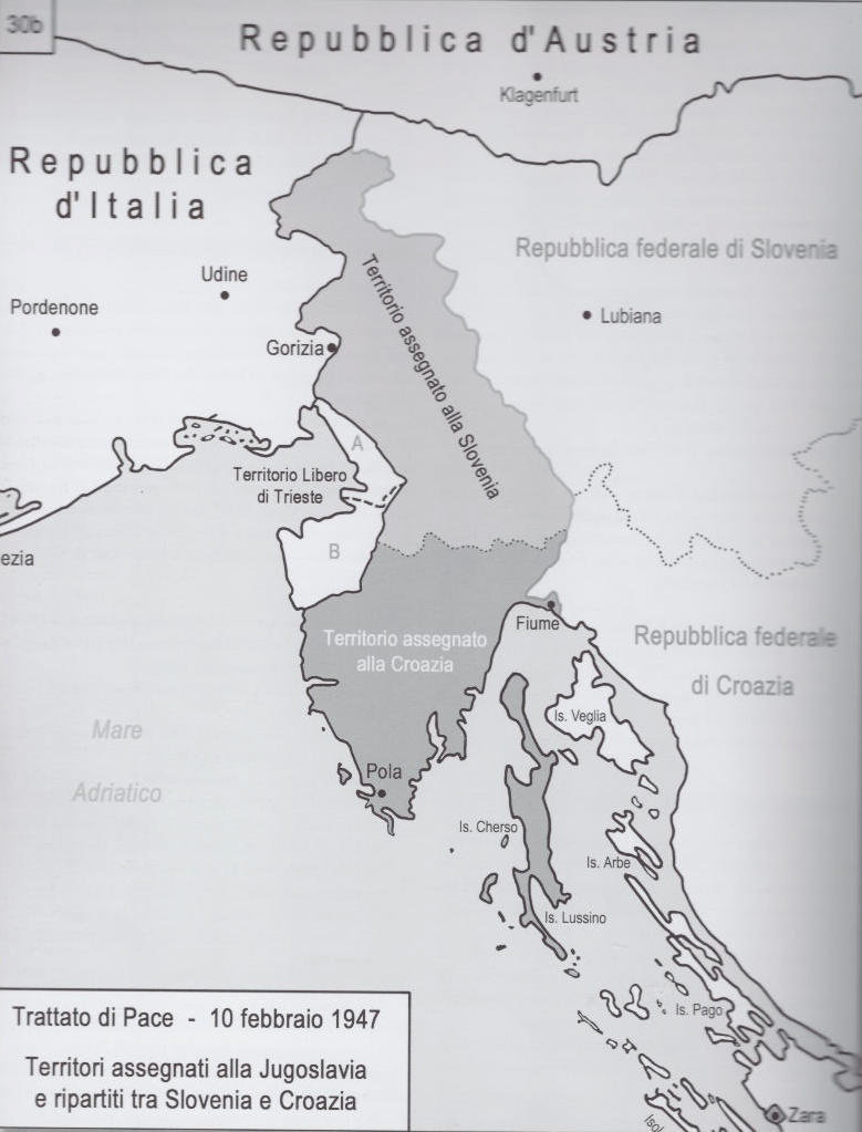 I territori ceduti alla Jugoslavia nel 1947 (Fonte: Franco Cecotti, “Il tempo dei confini – Atlante storico dell’Adriatico nord orientale”, IRSML)