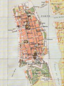 Mappa del centro storico di Zara nel 1930 (Egidio Ivetic, "Adriatico orientale. Atlante storico di un litorale mediterraneo", CRS Rovigno, pag. 188)