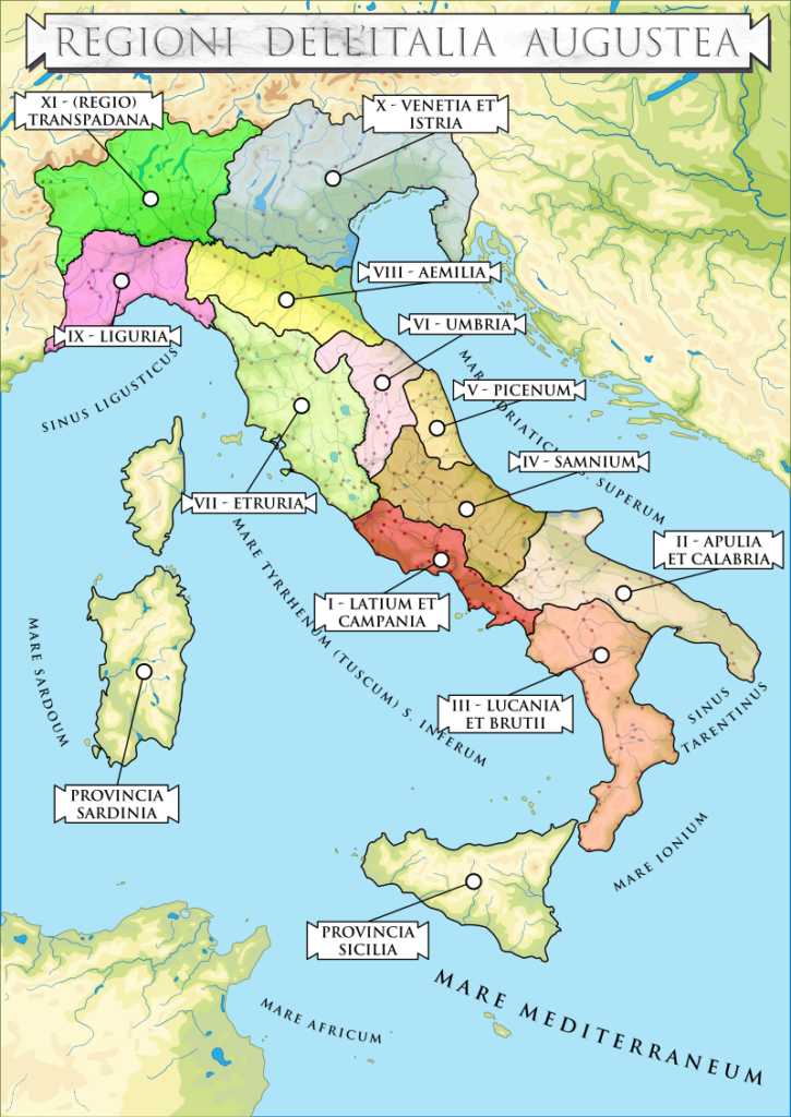 Le regioni dell'Italia al tempo di Augusto (7 d.C.)
