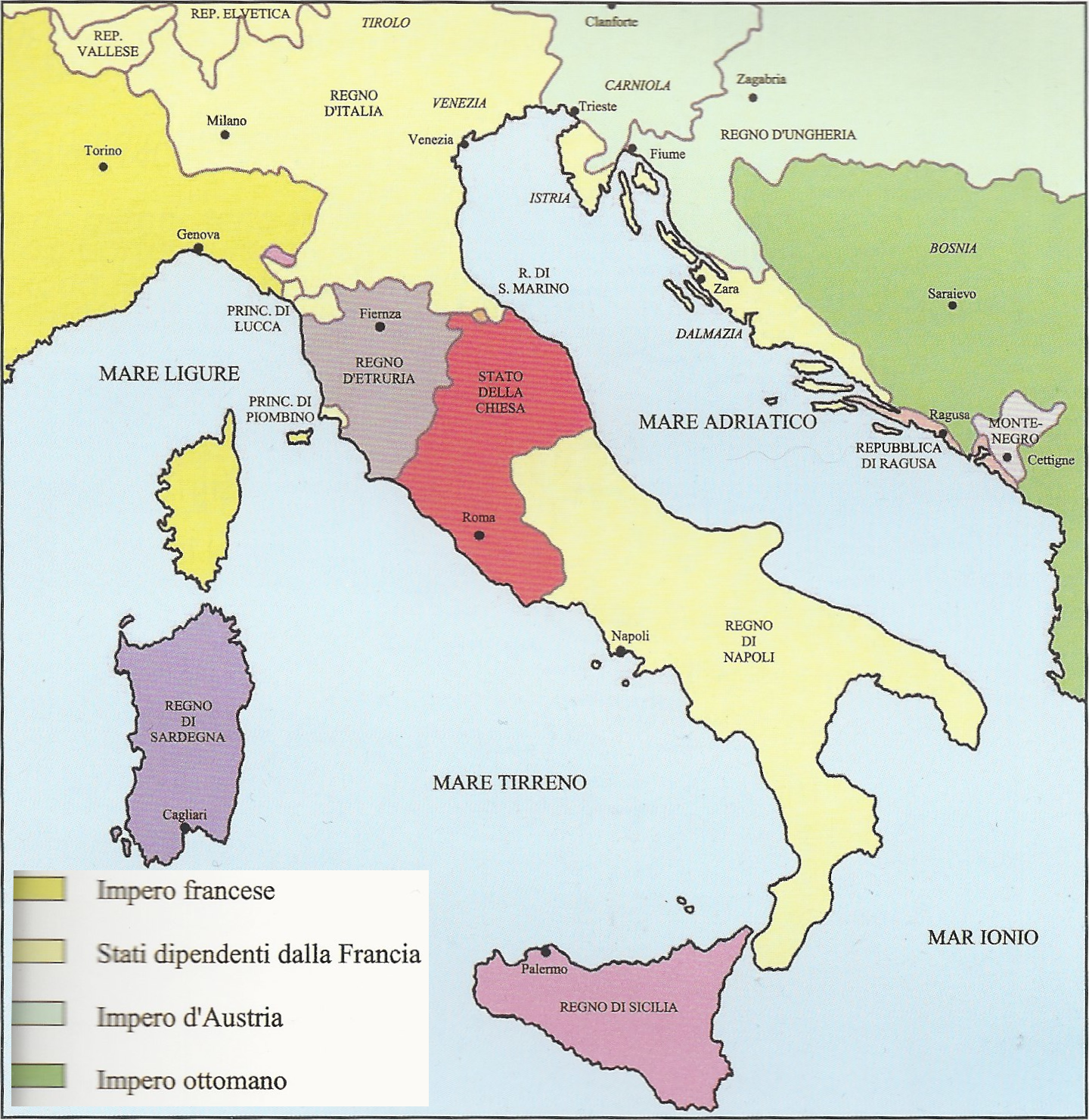 L'Adriatico nel 1806 (Egidio Ivetic, “Adriatico orientale. Atlante storico di un litorale mediterraneo”, CRS Rovigno, cartina 83, pag. 173)