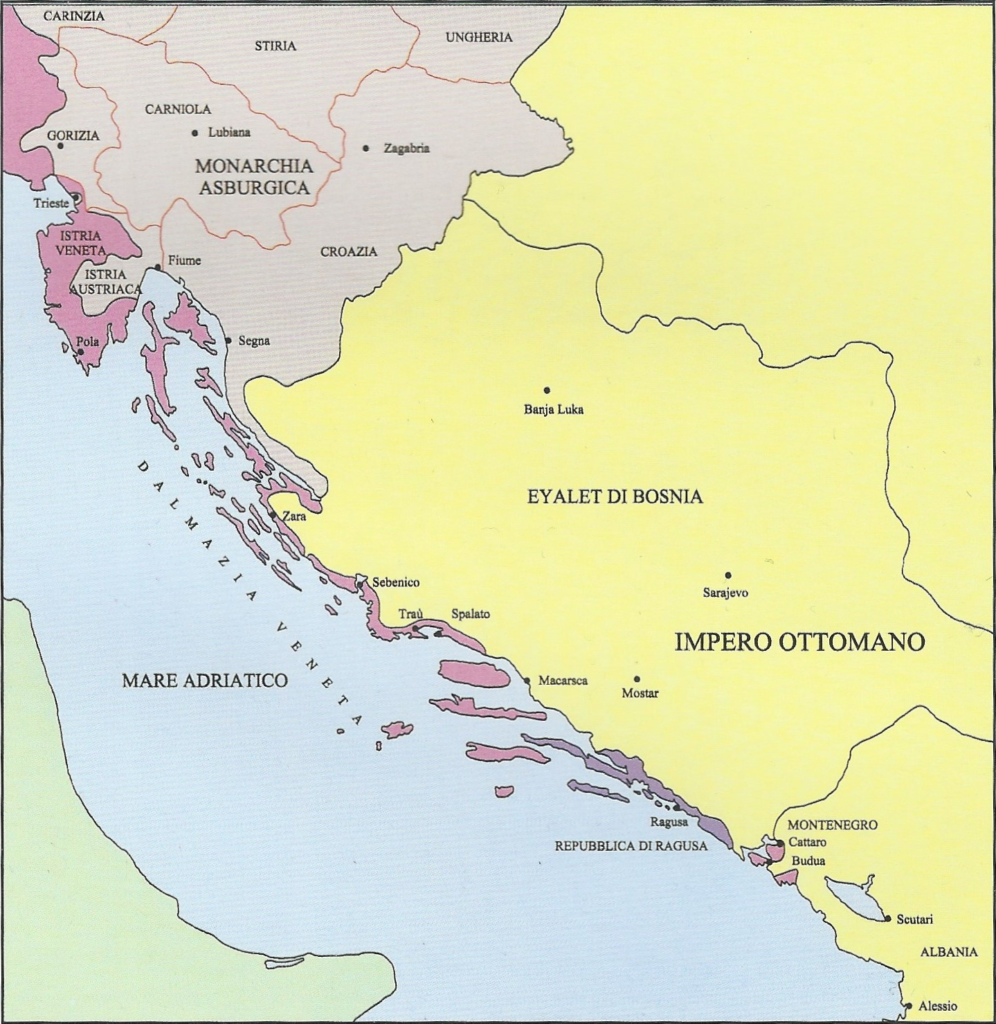 L'Adriatico orientale 1573-1645 (Egidio Ivetic, “Adriatico orientale. Atlante storico di un litorale mediterraneo”, CRS Rovigno, cartina 70, pag. 166)