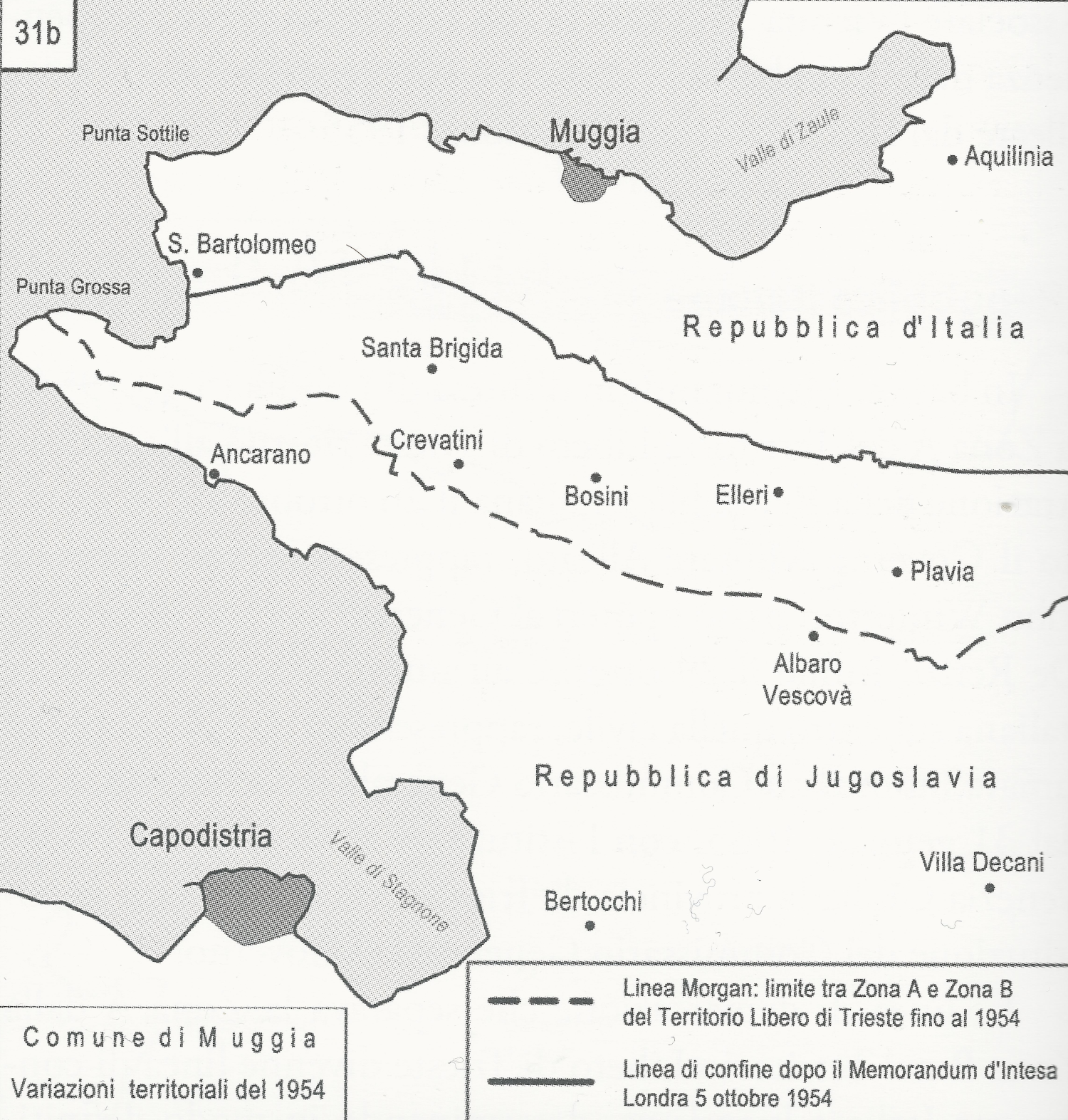 Memorandum d'Intesa 1954 - Rettifiche del confine nell'area di Muggia (Franco Cecotti, "Il tempo dei confini", IRSML, cartina 32, pag. 142)
