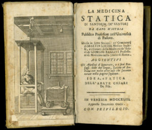 Fromtnespizio del volume "La medicina statica" di Santorio Santorio (riedizione del 1743)