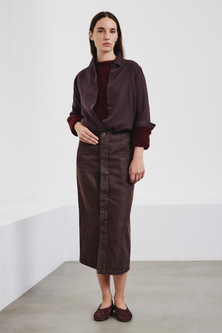 Faded cotton and lyocell bull denim skirt
