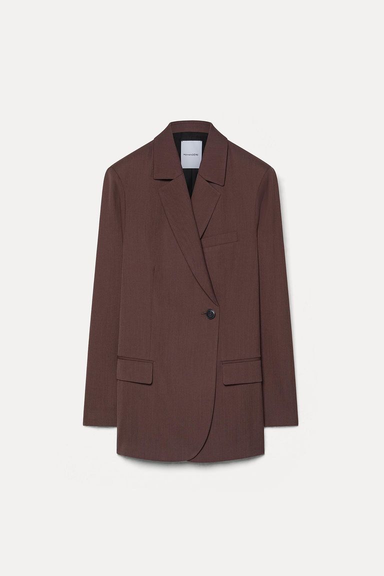 Veste double boutonnage en gabardine de laine technique mauve