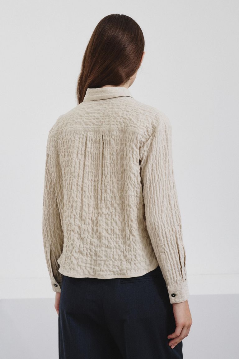 Cotton micro-herringbone embossed overshirt ivory