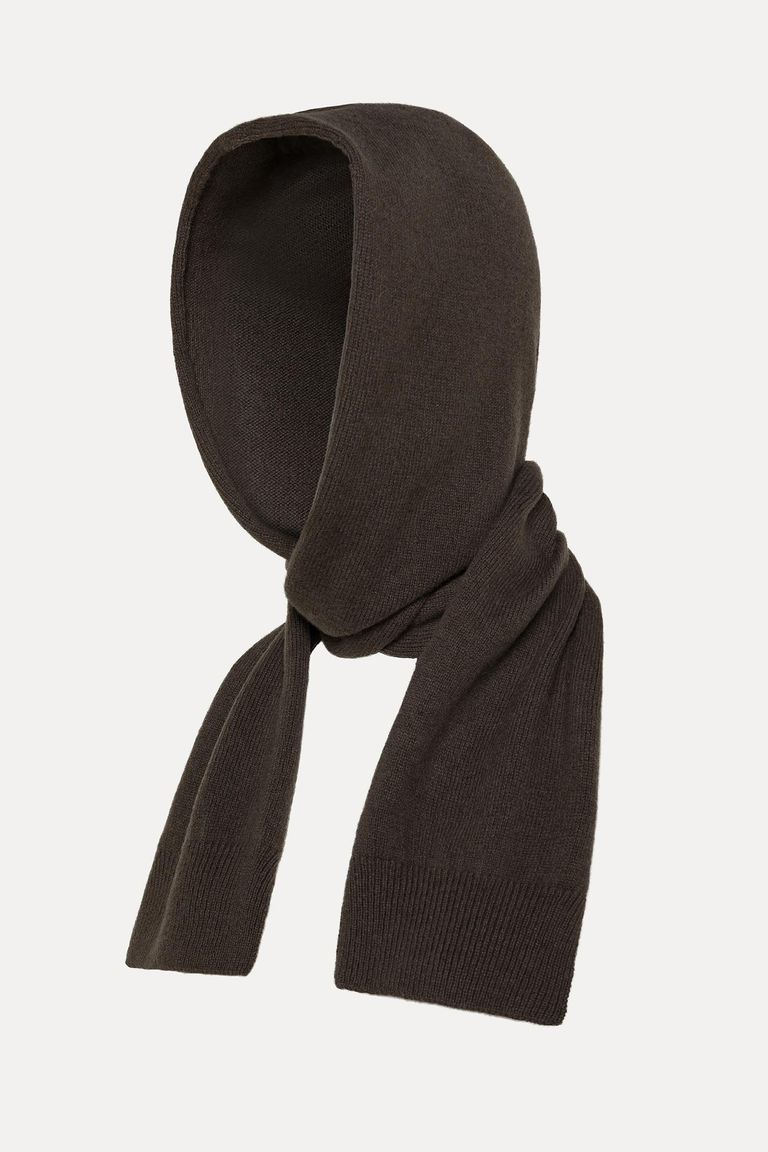 Sciarpa con cappuccio in maglia rasata di lana e cashmere cacao