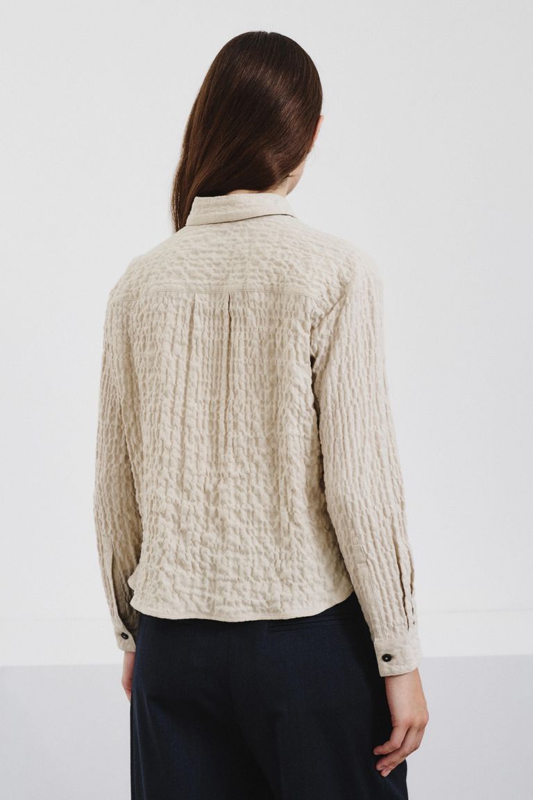 Cotton micro-herringbone embossed overshirt ivory