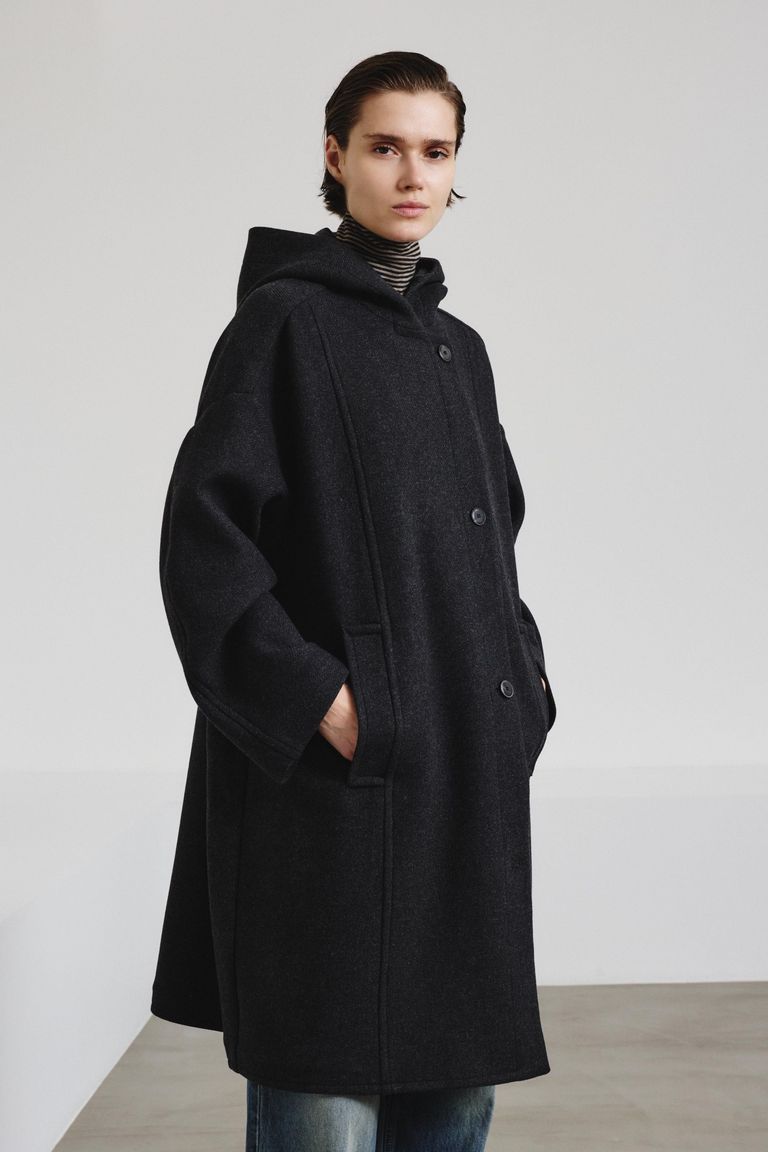 Hooded coat in felted wool cloth