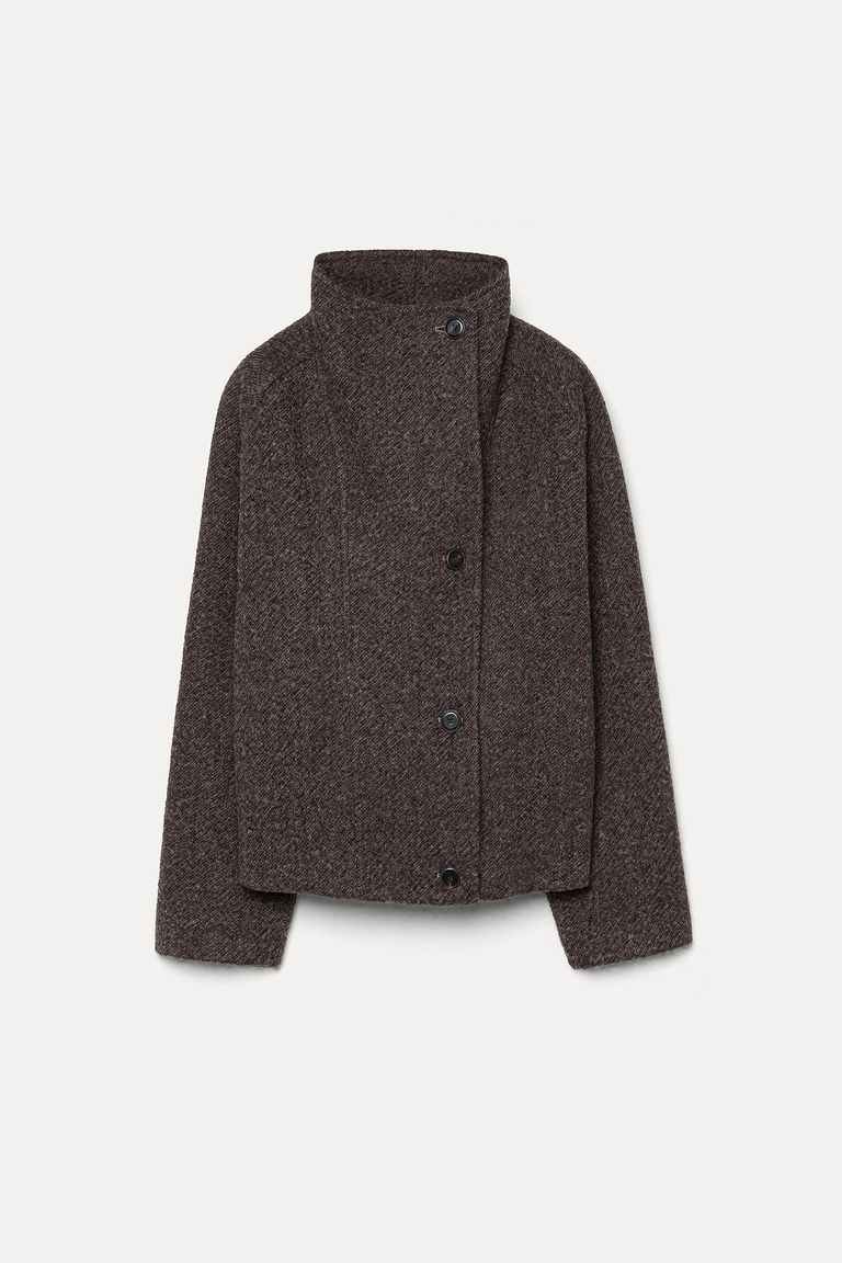 Veste à col haut en drap de laine et coton chiné
