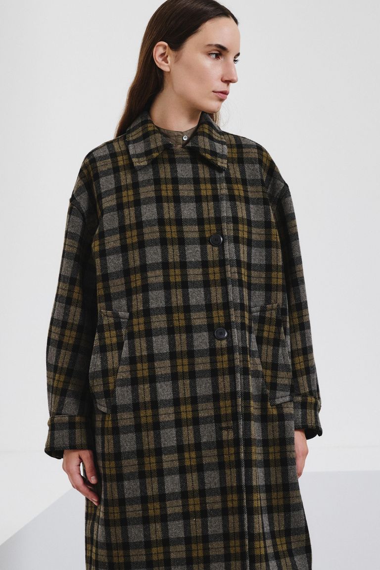 Tartan wool cloth coat military green
