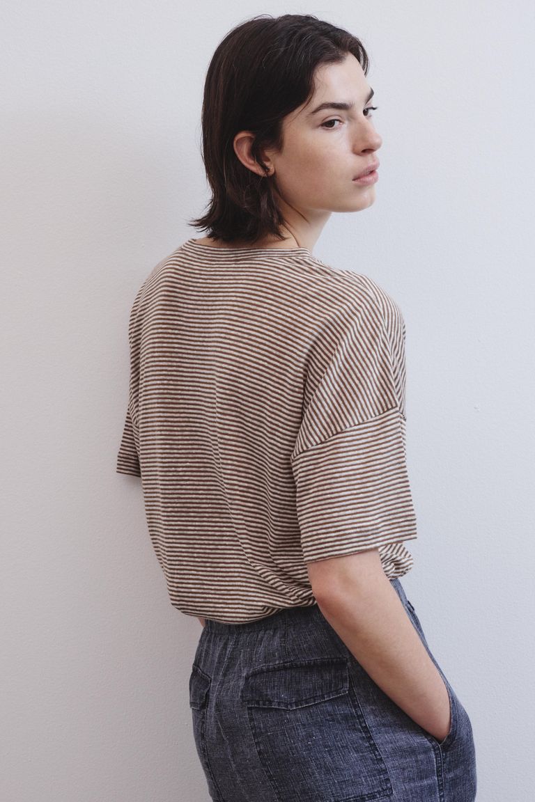 T-shirt oversize en jersey rayé de coton et lin noisette