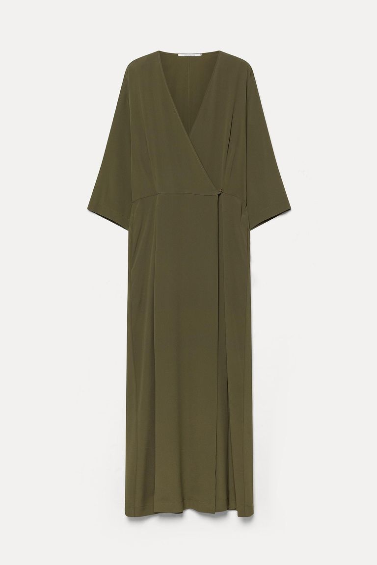Dress in acetate and viscose crèpe khaki