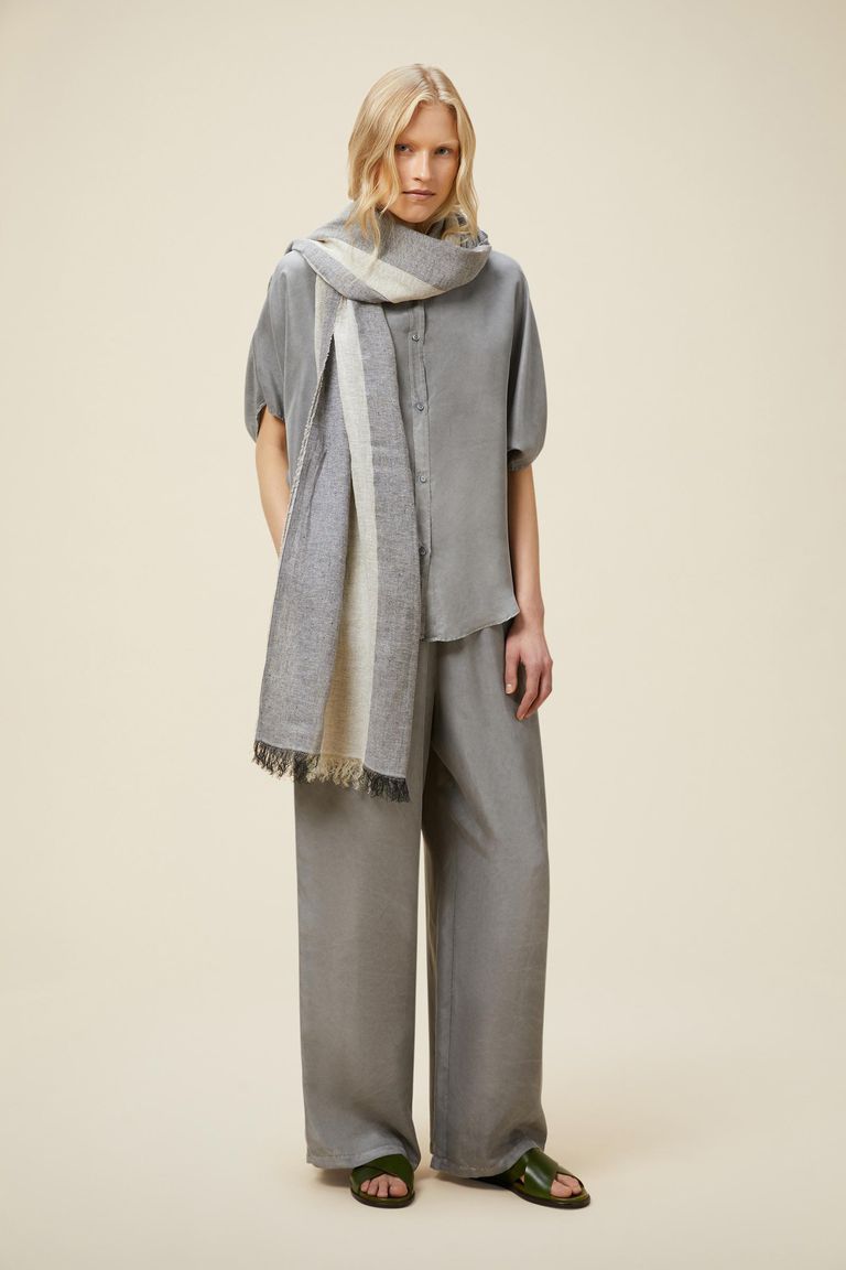 Striped cotton and linen scarf cream