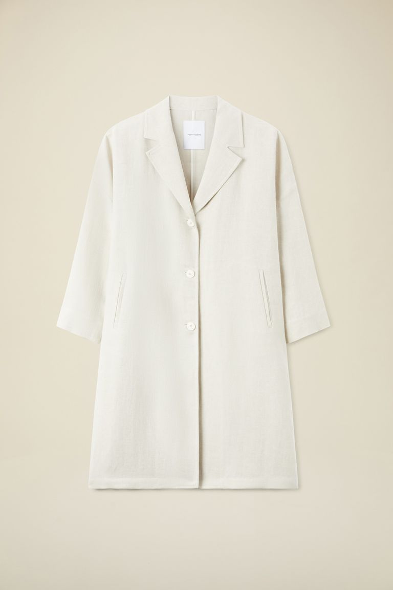 Single-breasted coat in cotton and linen panama fabric pearl