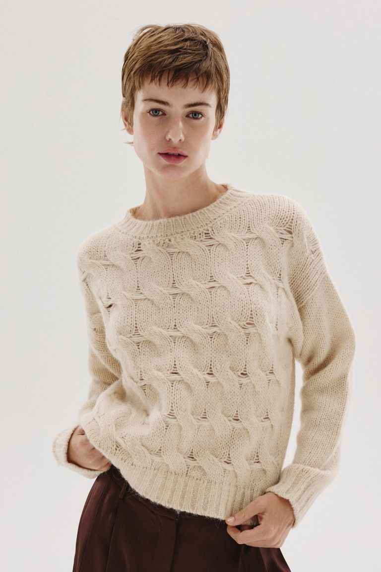 Girocollo in maglia a trecce di alpaca e lana merino