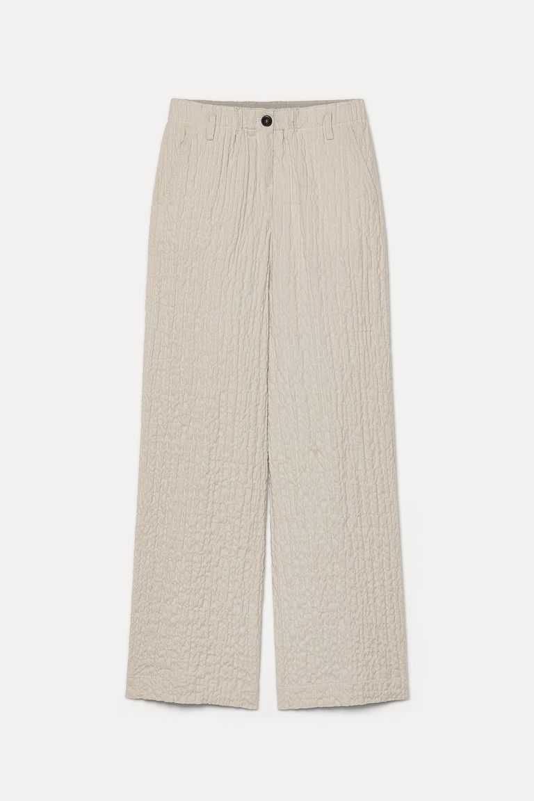 Trousers in embossed micro-herringbone cotton ivory