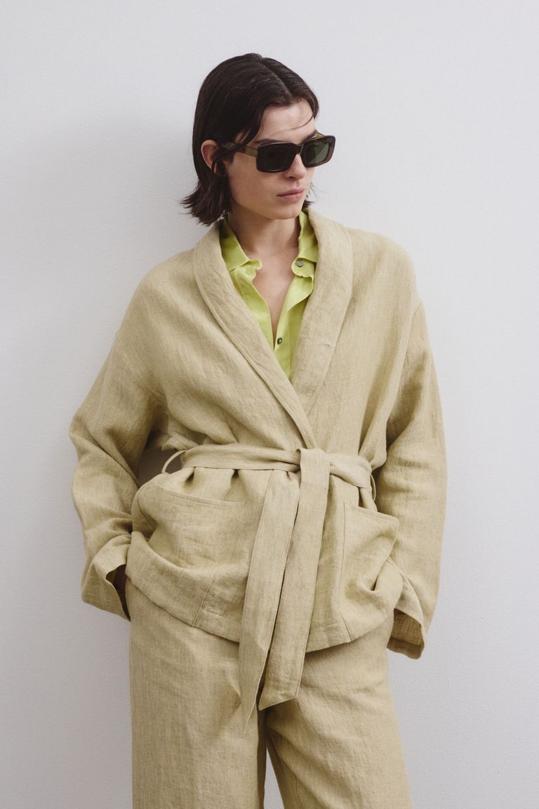 Giacca in twill melange di lino e cotone con cintura