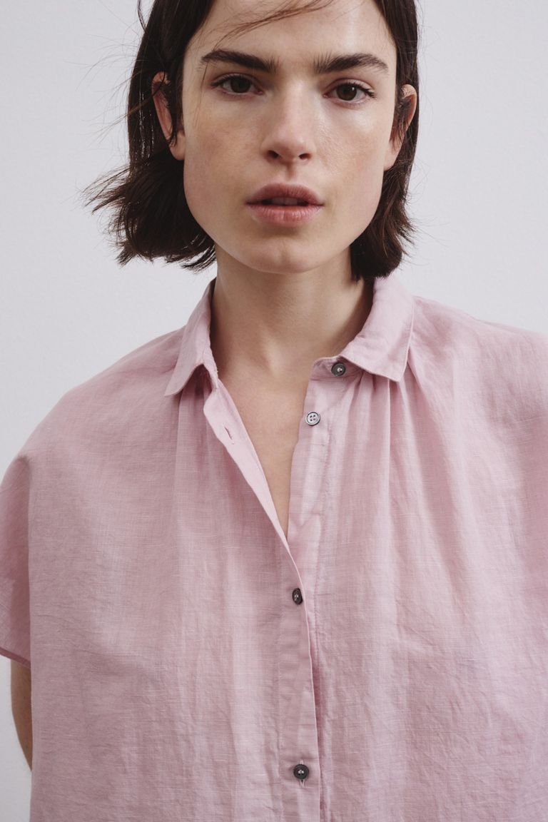 Camicia a maniche corte in garza fiammata di cotone e lino