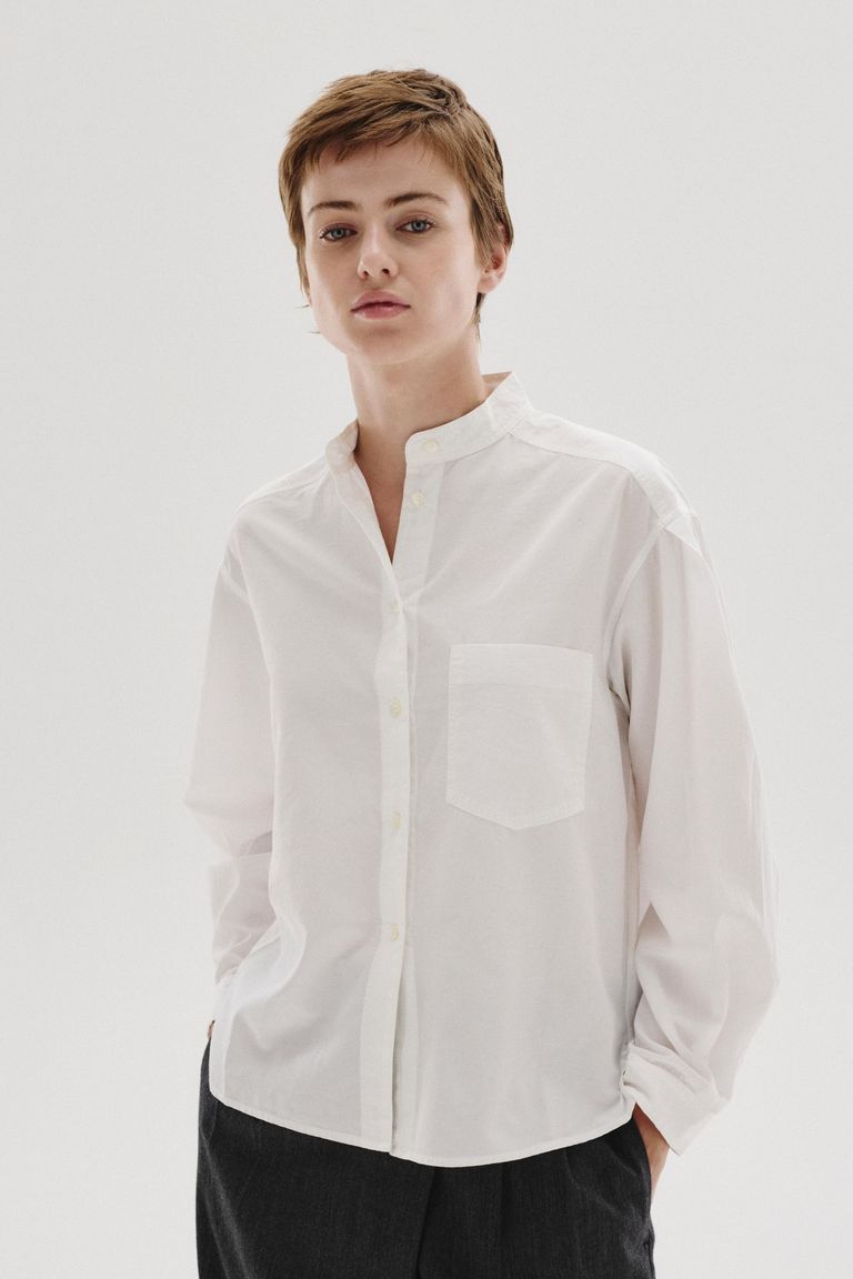 Habutai silk and cotton shirt with band collar optical white