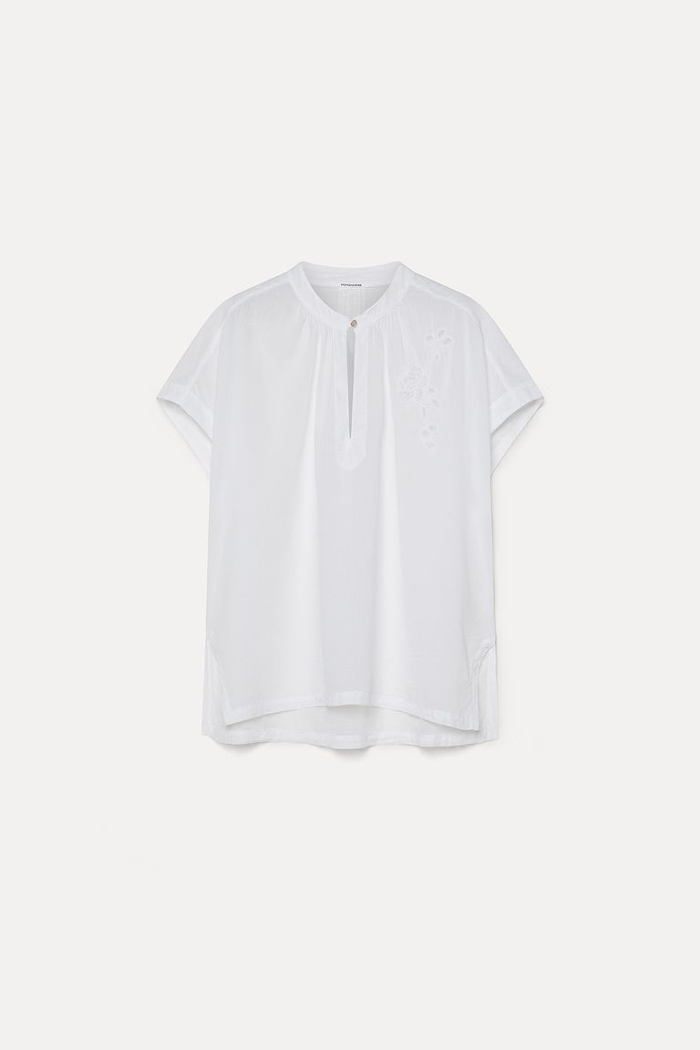 Top ricamato in voile di cotone bianco ottico