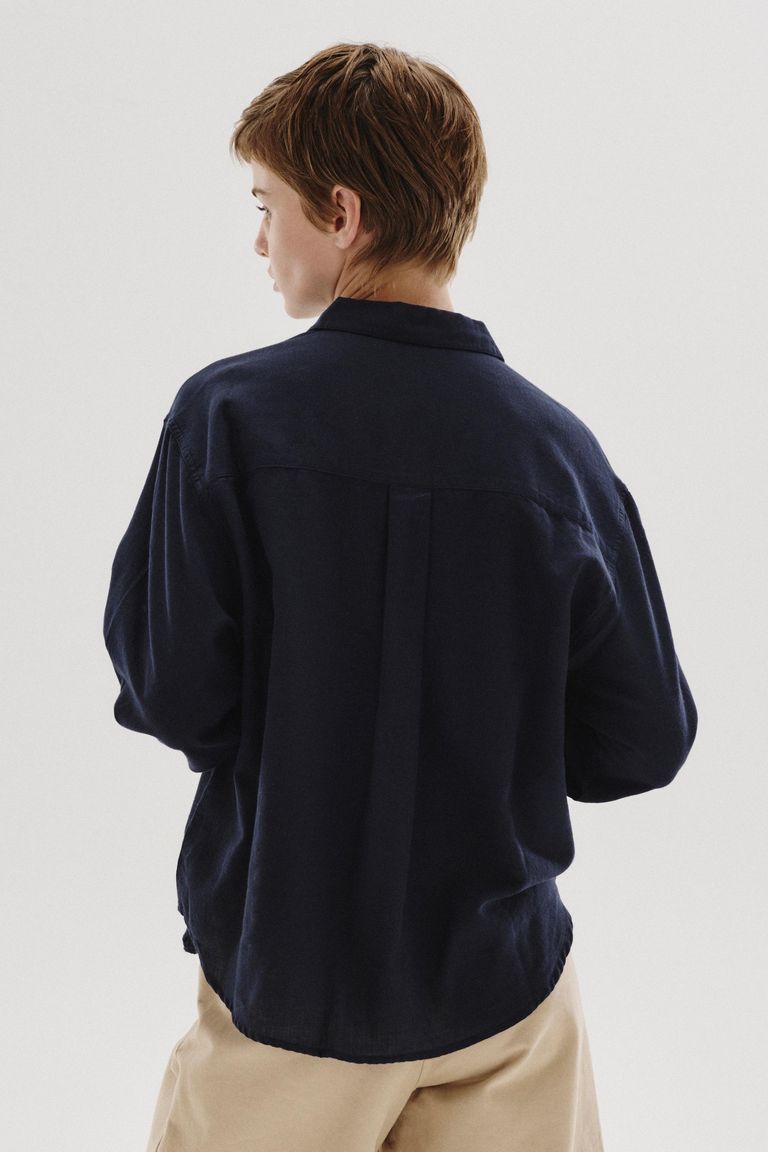 Camicia in micro armatura di cotone e lana navy