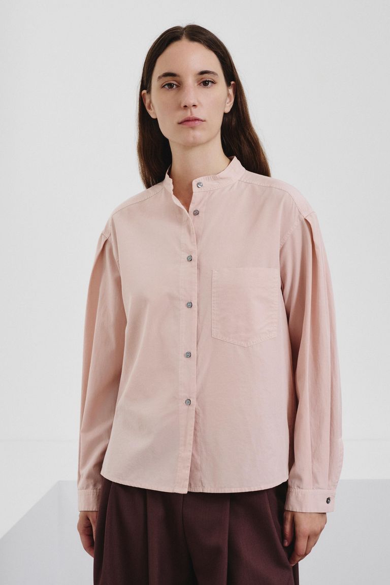 Habutai silk and cotton shirt with band collar