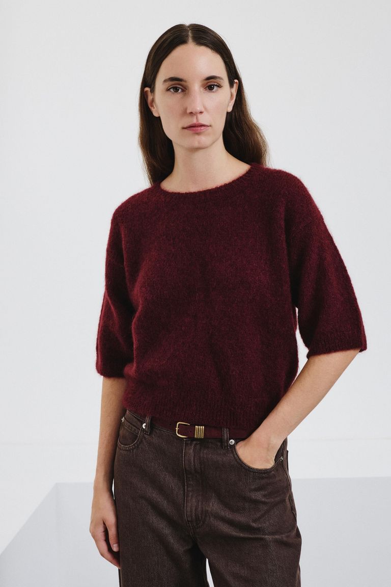 Pull à manches courtes en mohair bordeaux