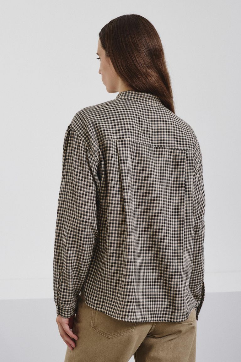 Vichy check flannel shirt with band collar cream