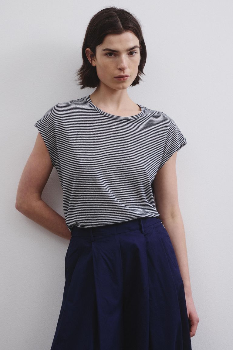 Sleeveless striped cotton and linen jersey T-shirt indigo