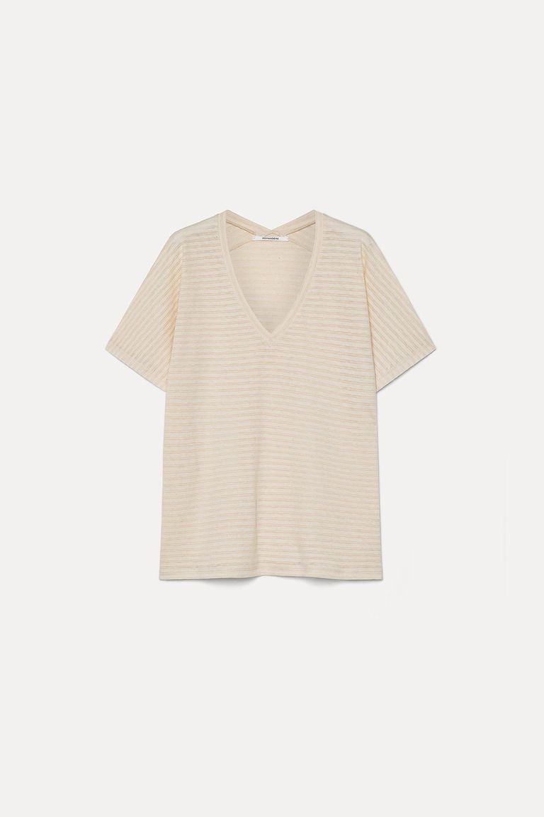 V-neck T-shirt in striped cotton and linen jersey