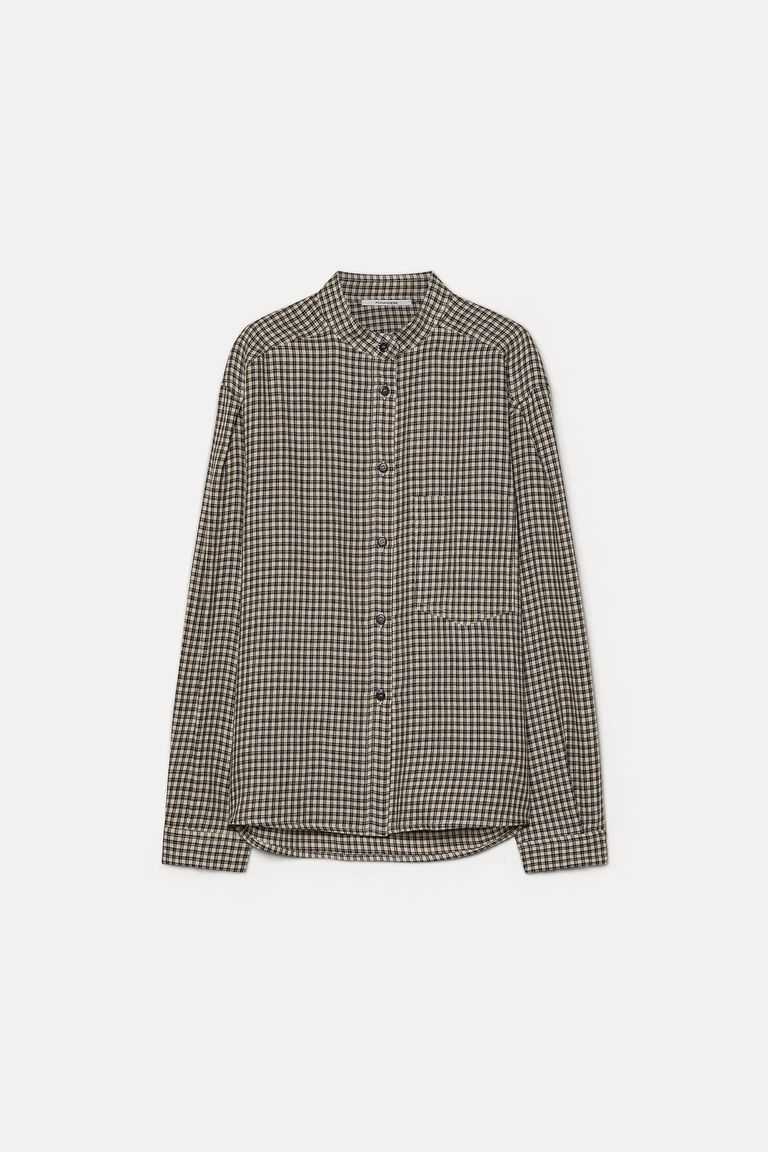 Vichy check flannel shirt with band collar cream