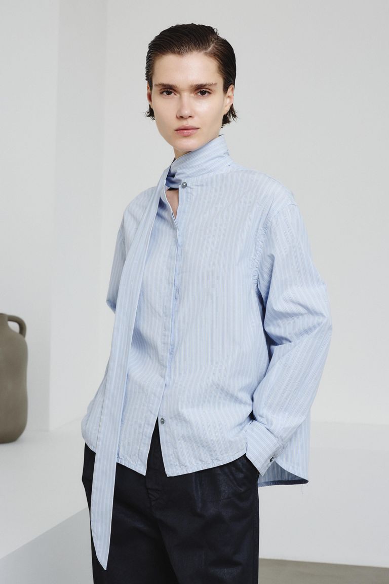 Shirt with scarf in striped poplin