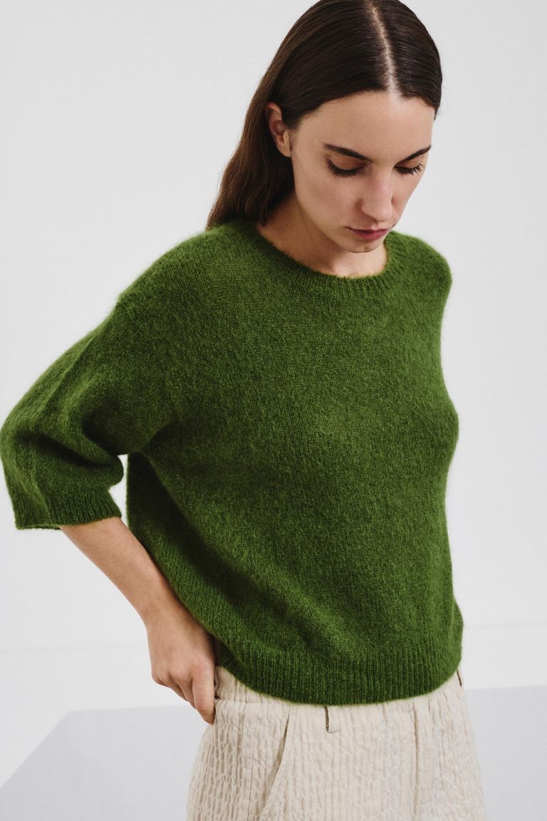 Pull à manches courtes en mohair vert algue