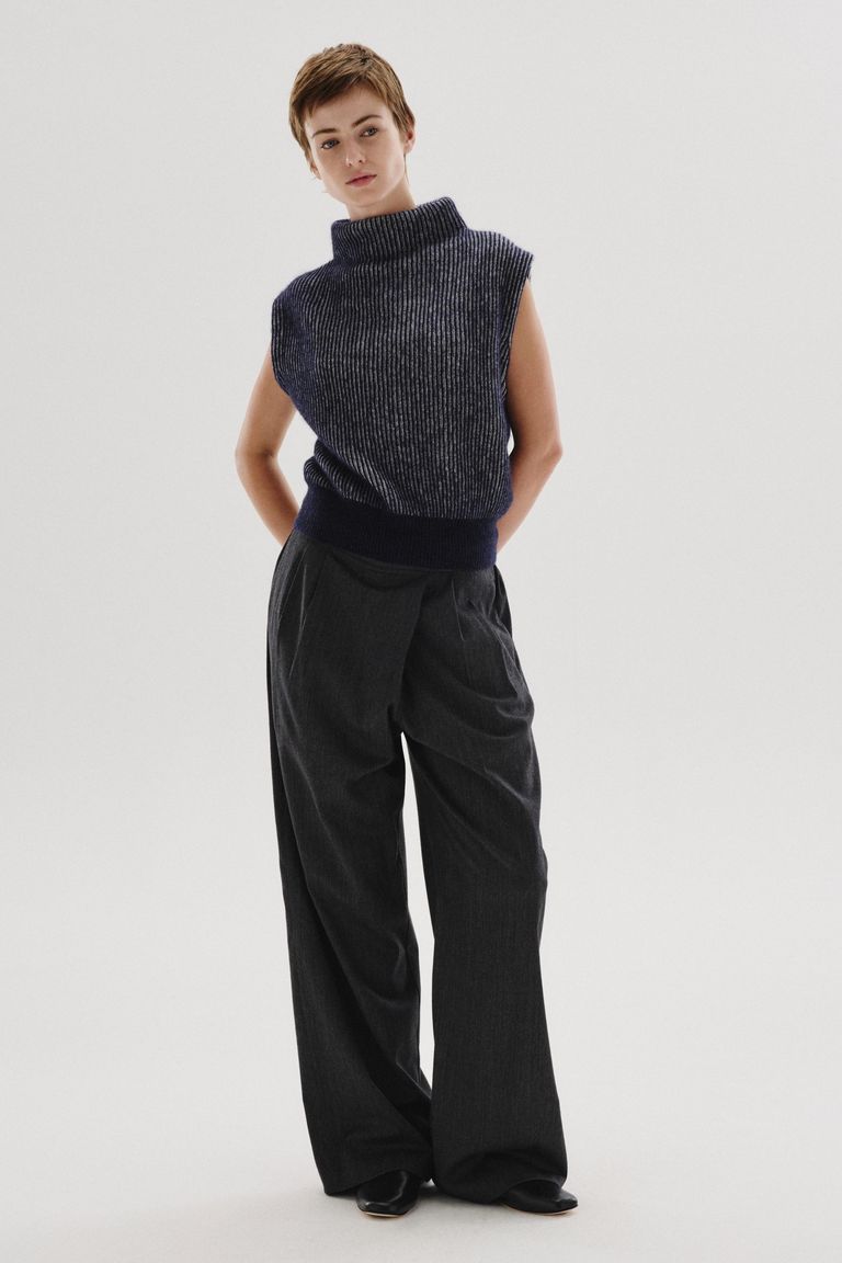 Pantalon à grand pli asymétrique en flanelle mélangée de coton et laine anthracite