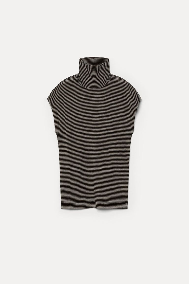 Sleeveless striped pure wool jersey turtleneck