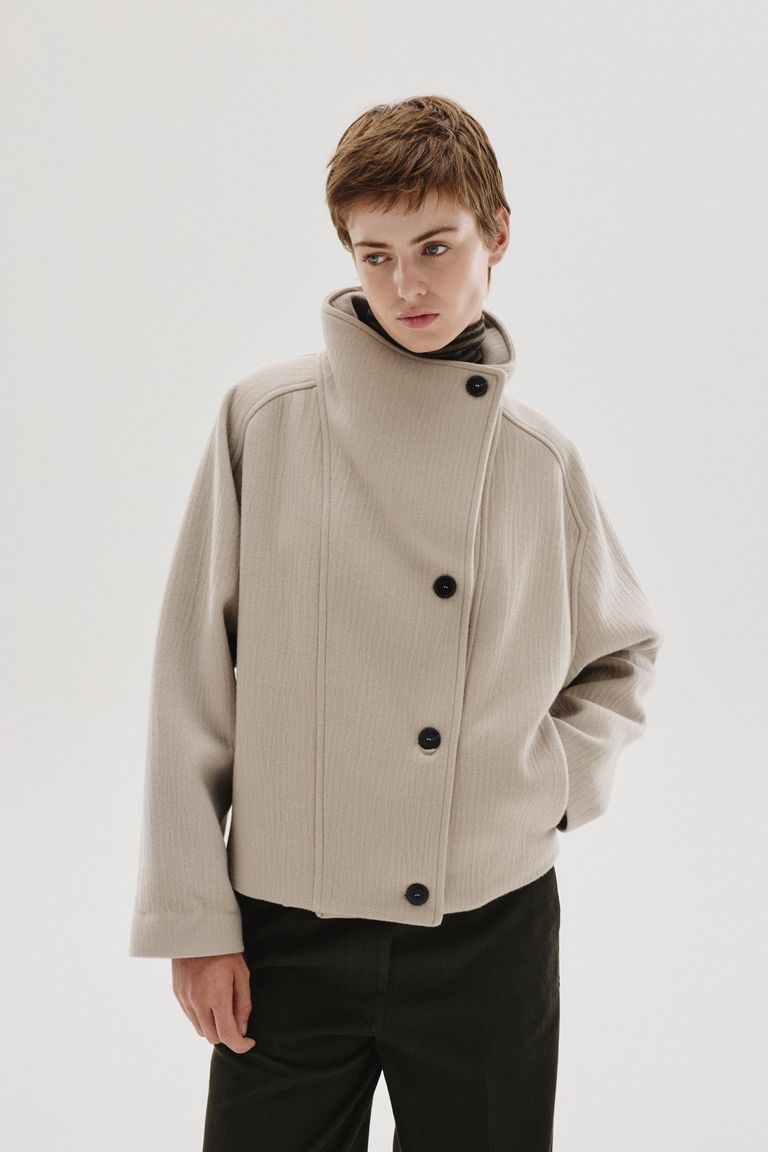 High-neck wool and cashmere cloth jacket ivory