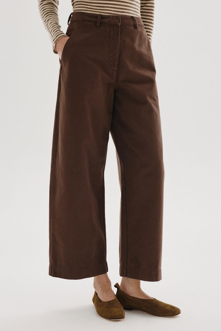 Pantalone barrel in drill di cotone smerigliato cacao