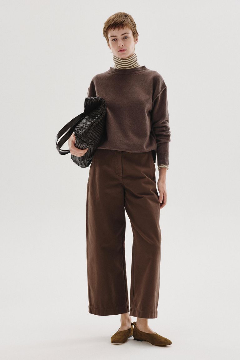 Pantalone barrel in drill di cotone smerigliato cacao