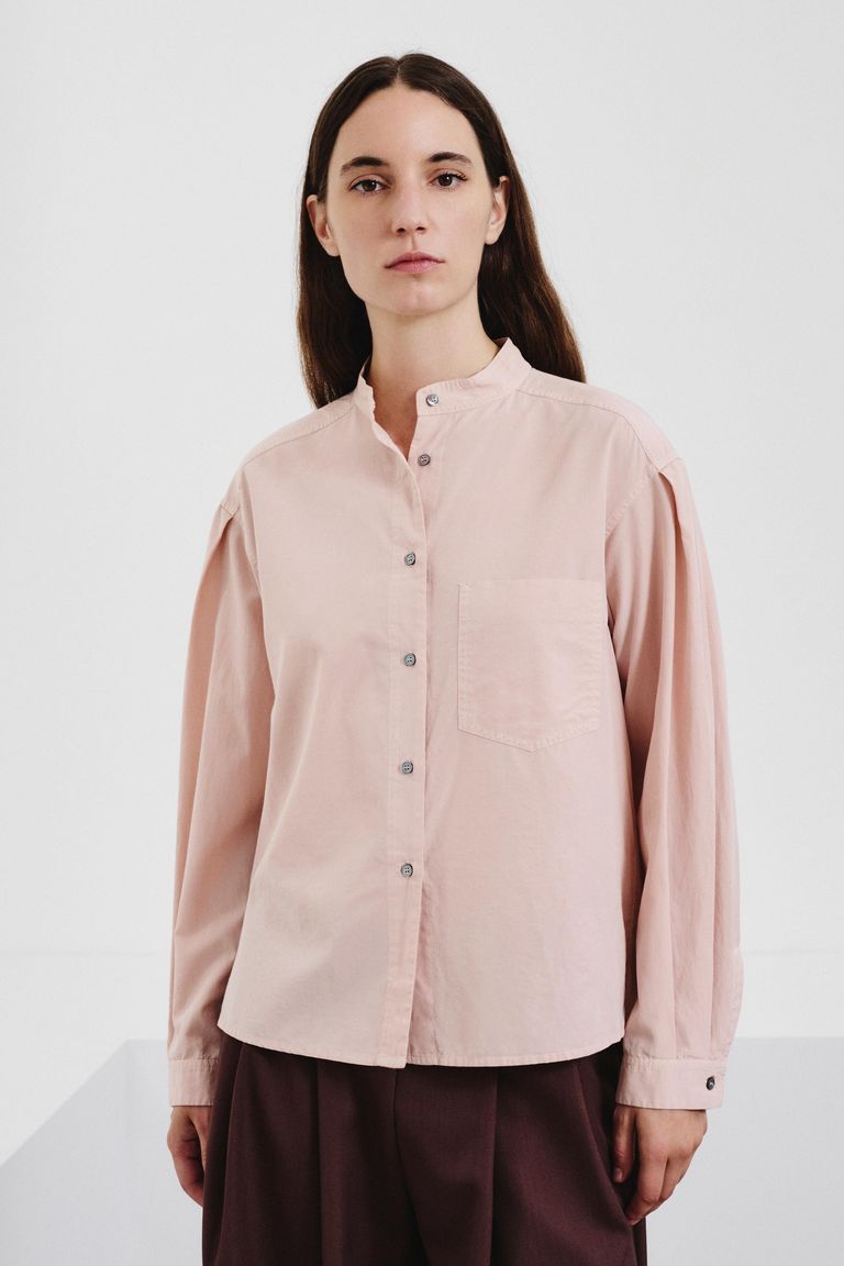Habutai silk and cotton shirt with band collar antique pink