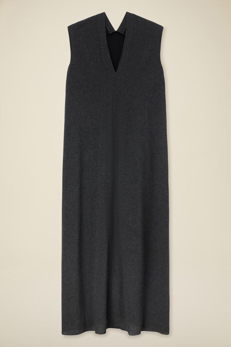 Draped dress in viscose and wool micro-patterned fabric