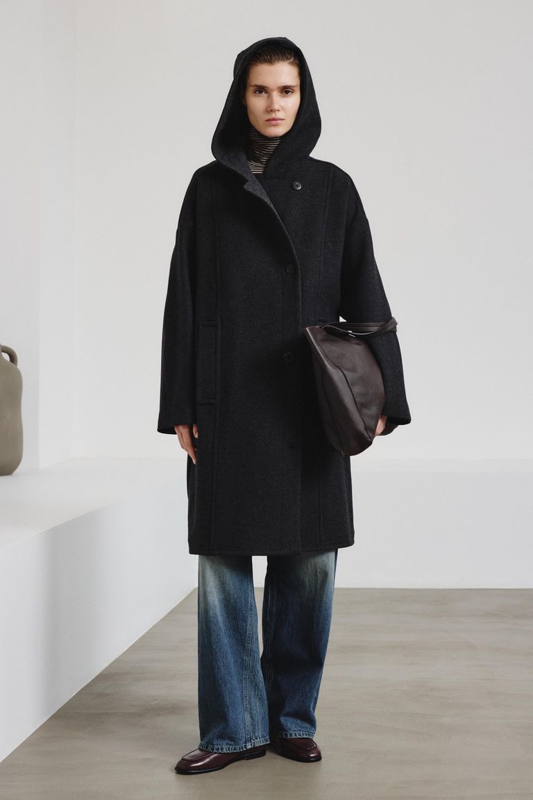 Hooded coat in felted wool cloth