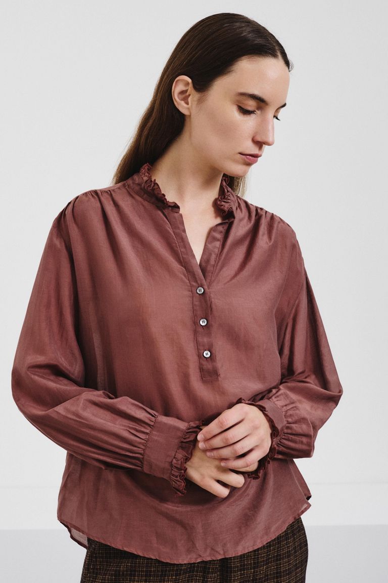Silk and cotton voile ruffled shirt mauve