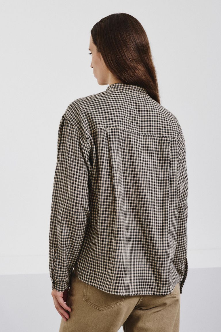 Vichy check flannel shirt with band collar cream