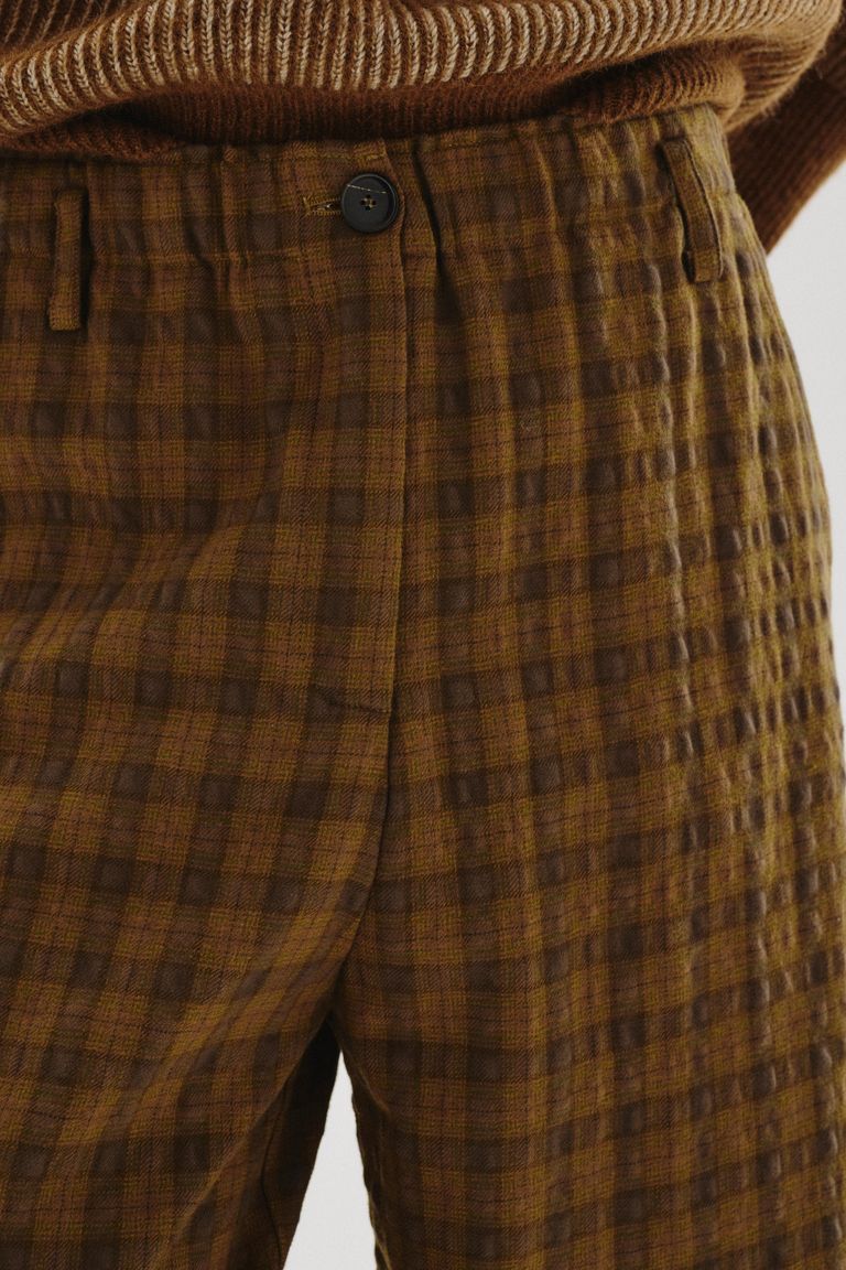 Pantalone in flanella check di cotone e lana mostarda