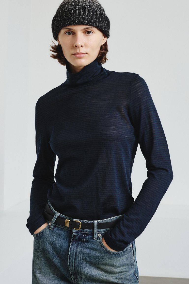 Striped pure wool jersey turtleneck