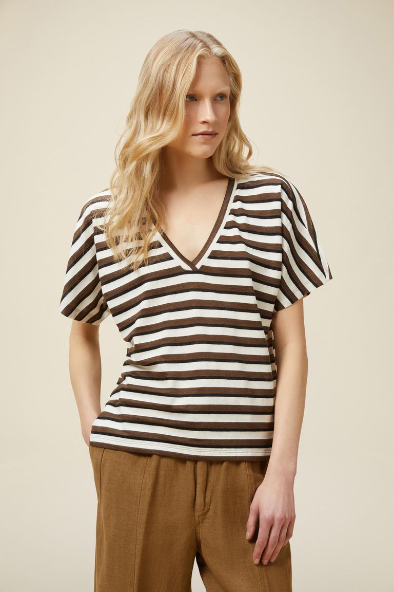 T-shirt rigata in jersey di lino e cotone marrone