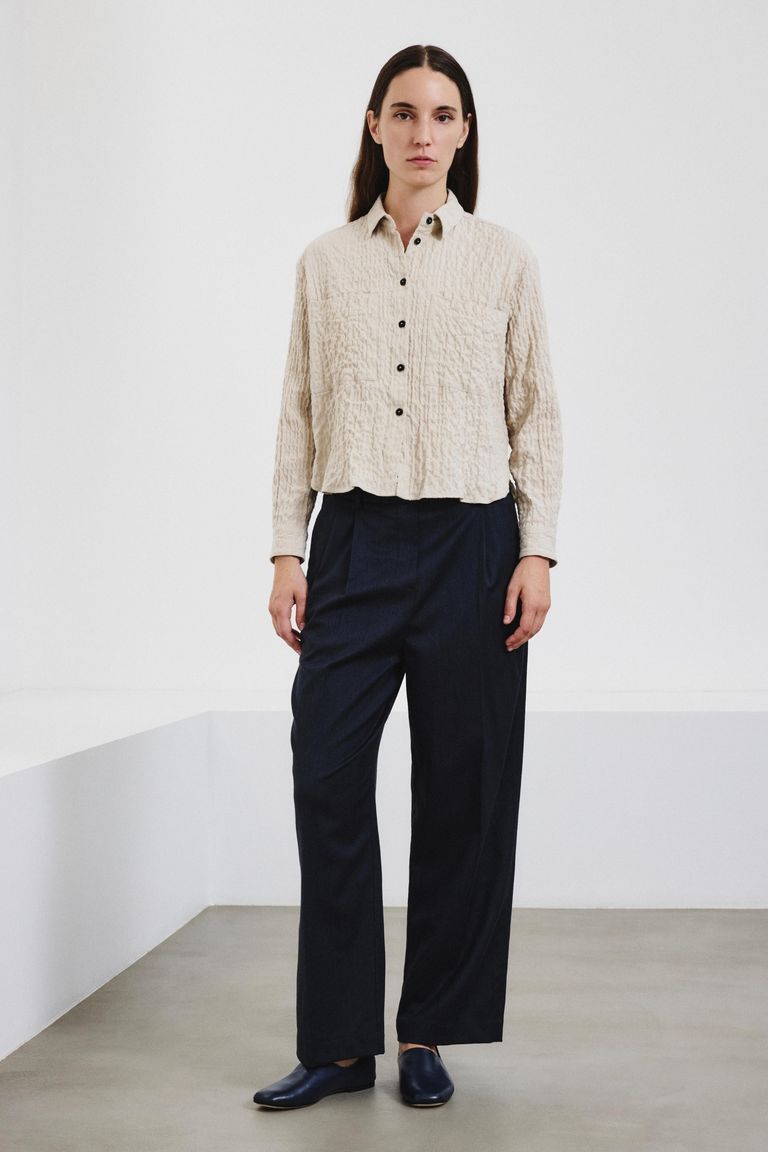 Pantalon en flanelle mélangée de coton et laine bleu foncé