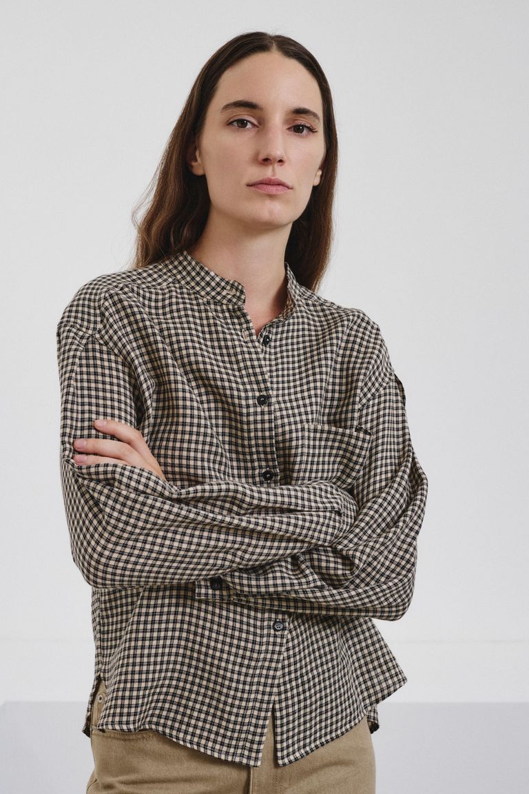 Vichy check flannel shirt with band collar cream
