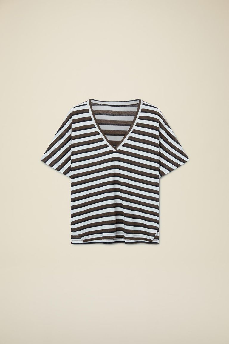 T-shirt rigata in jersey di lino e cotone marrone